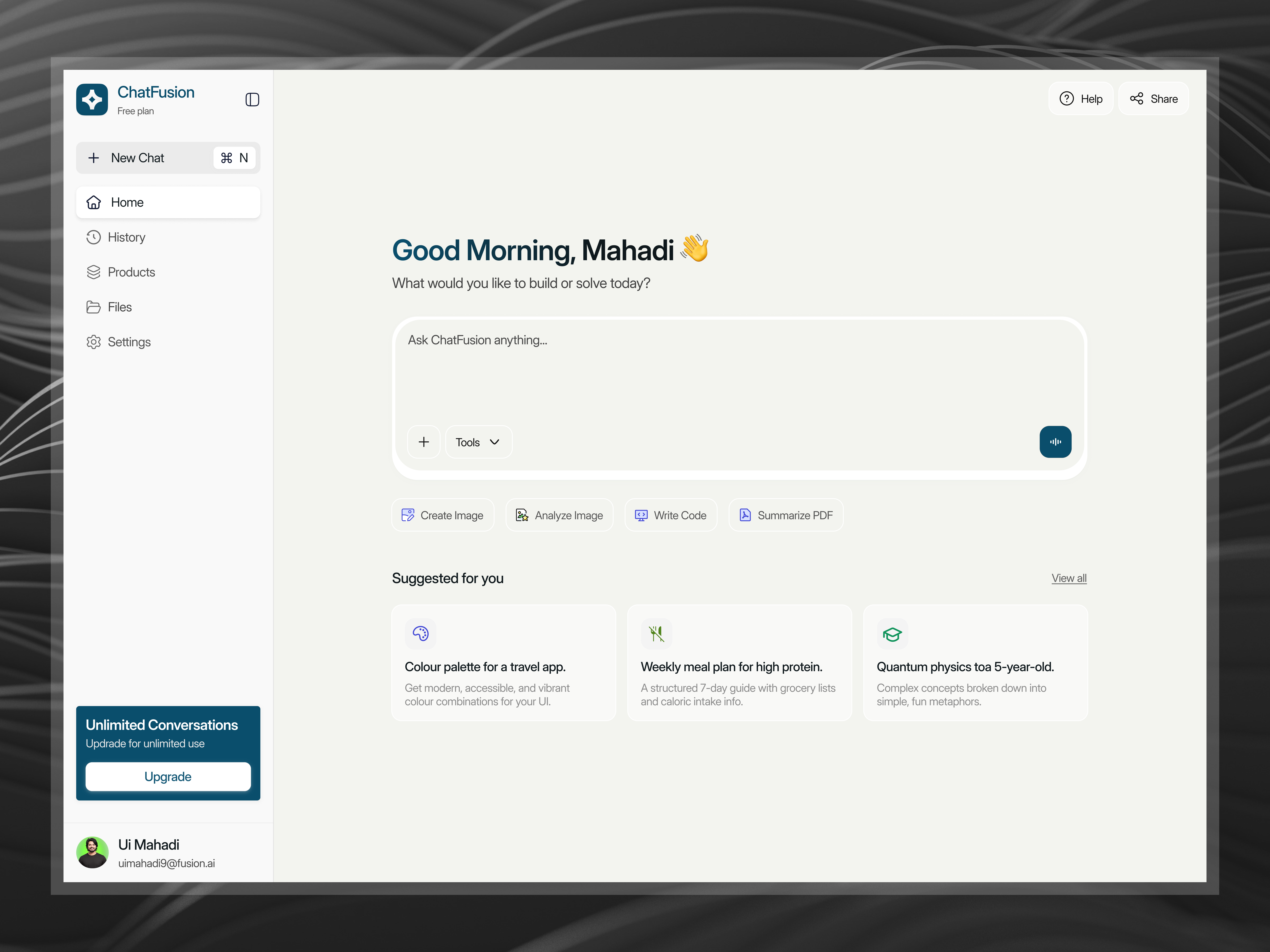 ChatFusion – AI Workspace Dashboard UI ai chat ai cleanui daly ui design productdesign ui ux