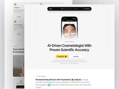 Skiny - AI-Powered Skincare Landing Page ai ai assistant ai powered artificial intelligence beauty beauty product clean face facecare health healthy product recommendation skincare suggestion ui ui design ux web design website