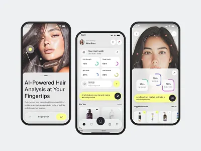 AI Powered Hair Analytics App ai beauty platform ai hair analysis app app design beauty app beauty startup app beauty tech app design digital hair care solution hair app hair care analytics health mobile app modern app ui design personalized hair care app product design skin care app