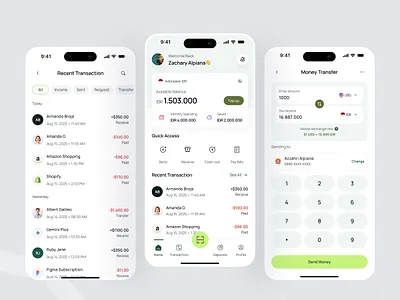 Finance UI Mobile App amount app balance bank clean e wallet finance green light minimalist mobile money navigation savings scan screen transaction transfer ui ux