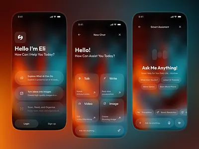 Next-Gen AI Assistant Mobile App ai ai app ai assistant ai chatbot ai video maker app ui glassmor image generation minimal ui mobile app smart ai app text to voice voice assistant