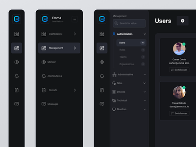 Emma: Dual-tier sidebar navigation blue clean dark darkmode dashboard design interacti interface menu minimal navigation product saas side menu sidebar ui ux