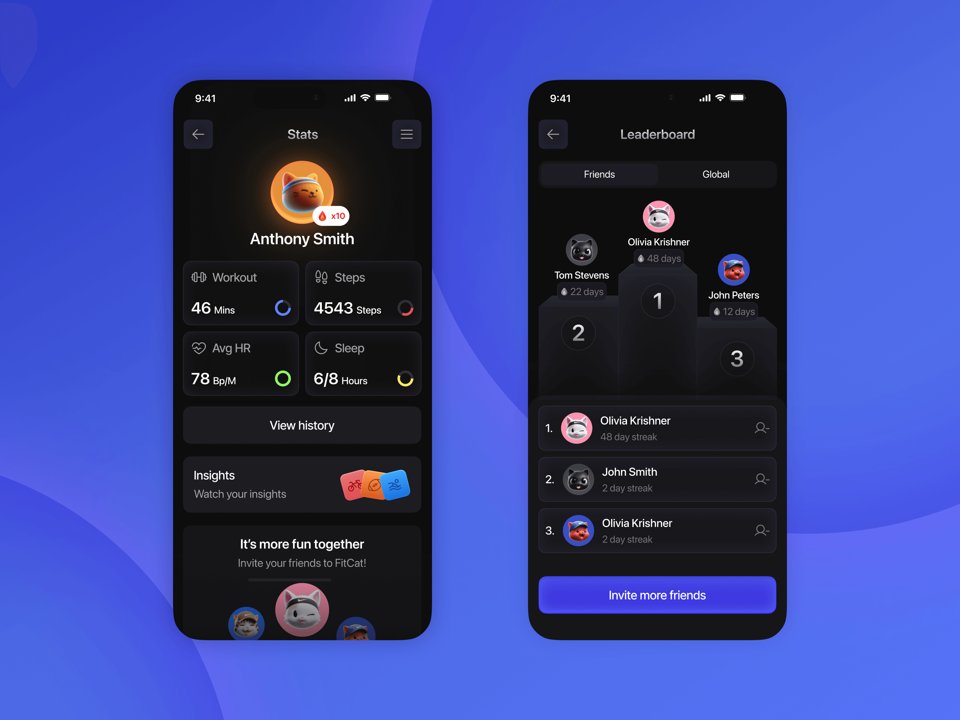 Fitcat - Workout Stats & Friend Leaderboards active app cats challenges dark dashboard fitness friend health illustration leaderboard mobile motivation social sport stats ui workout tracker
