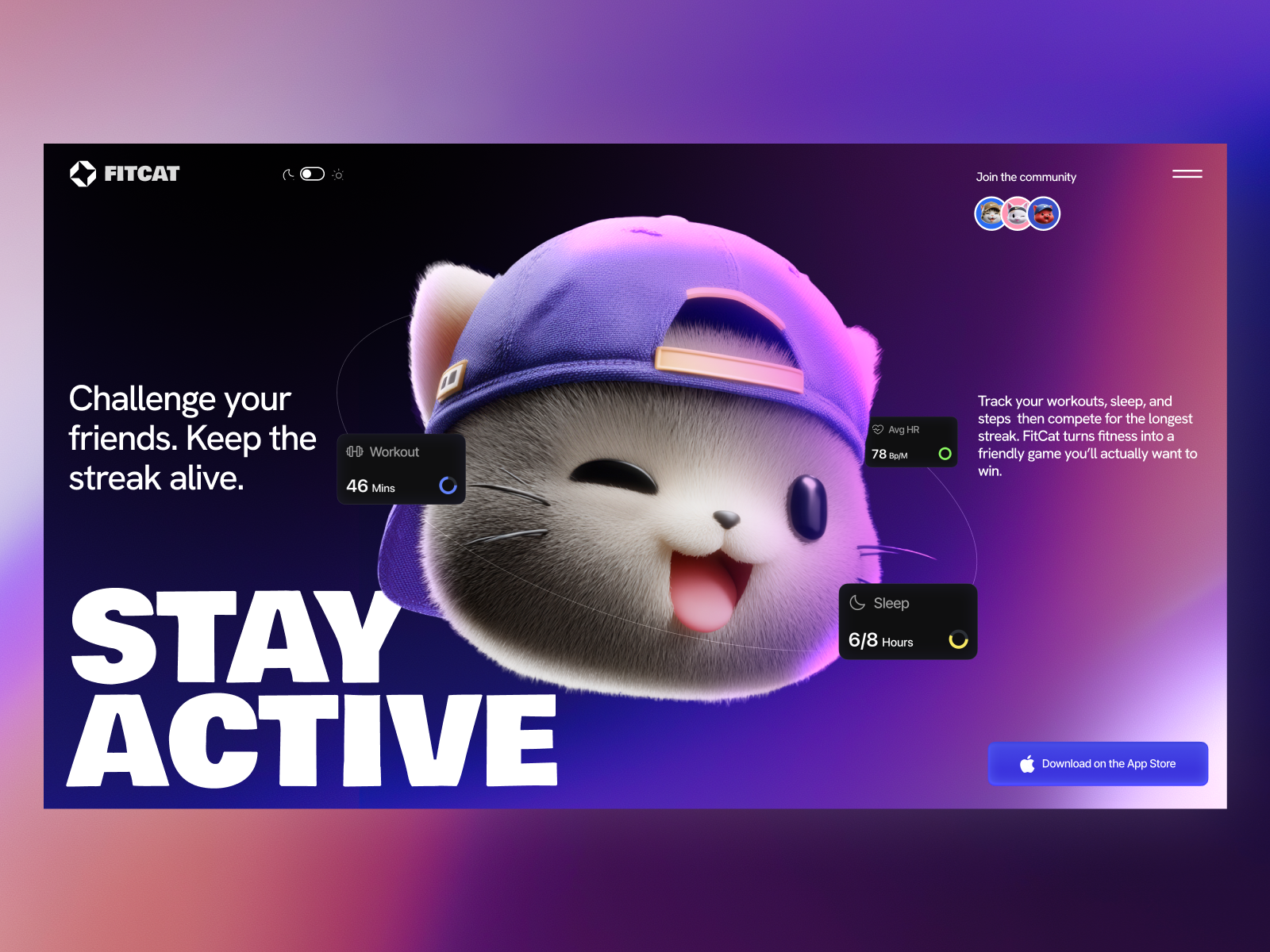 Fitcat - Stay Active Hero Section 3d art branding cat fitness app friend challenges hero hero section illustration landing mobile ui saas social fitness sports app ui ux web web design workout tracker