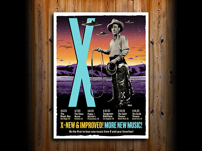X (the band). Tour poster 2023. badge band branding concert merch design graphic design illustration logo retro rock and roll rock poster x