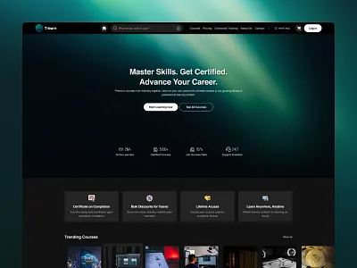 T-learn — Online Learning & Certification Platform UI/UX b2b dark ui education elearning landing page lms modern design product design saas ui design ux design web design website design