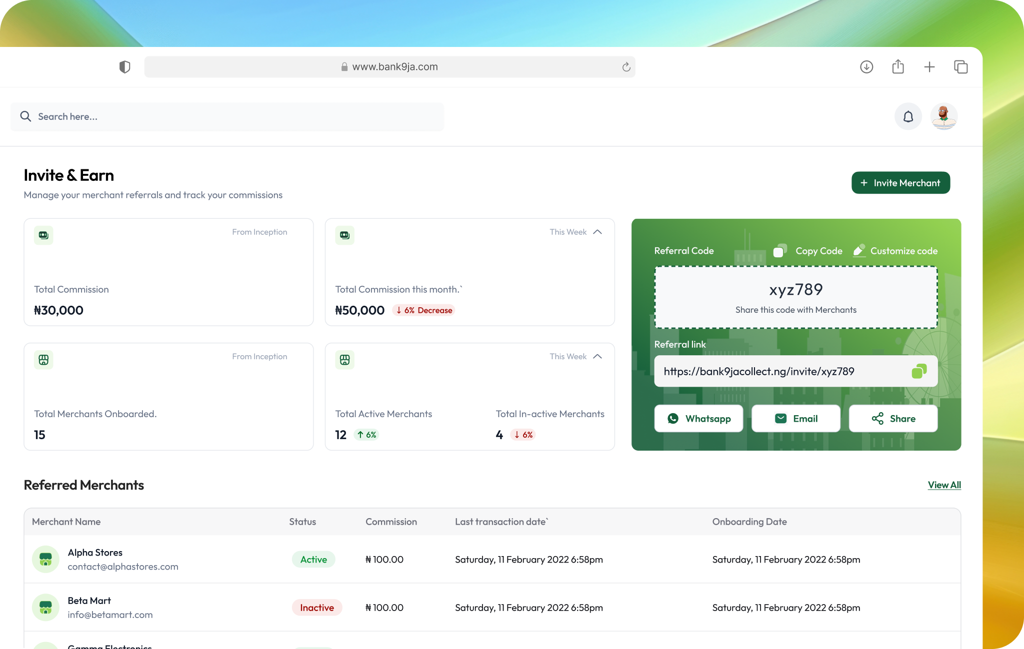 Referral Screen — Bank9ja Merchant Collect