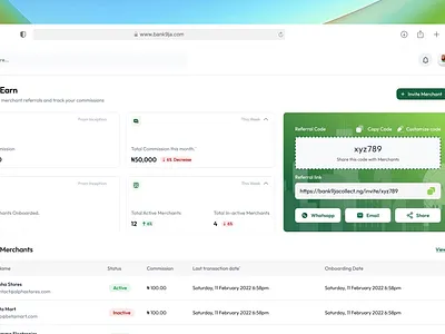 Referral Screen - Bank9ja Merchant Collect clean ui ux web