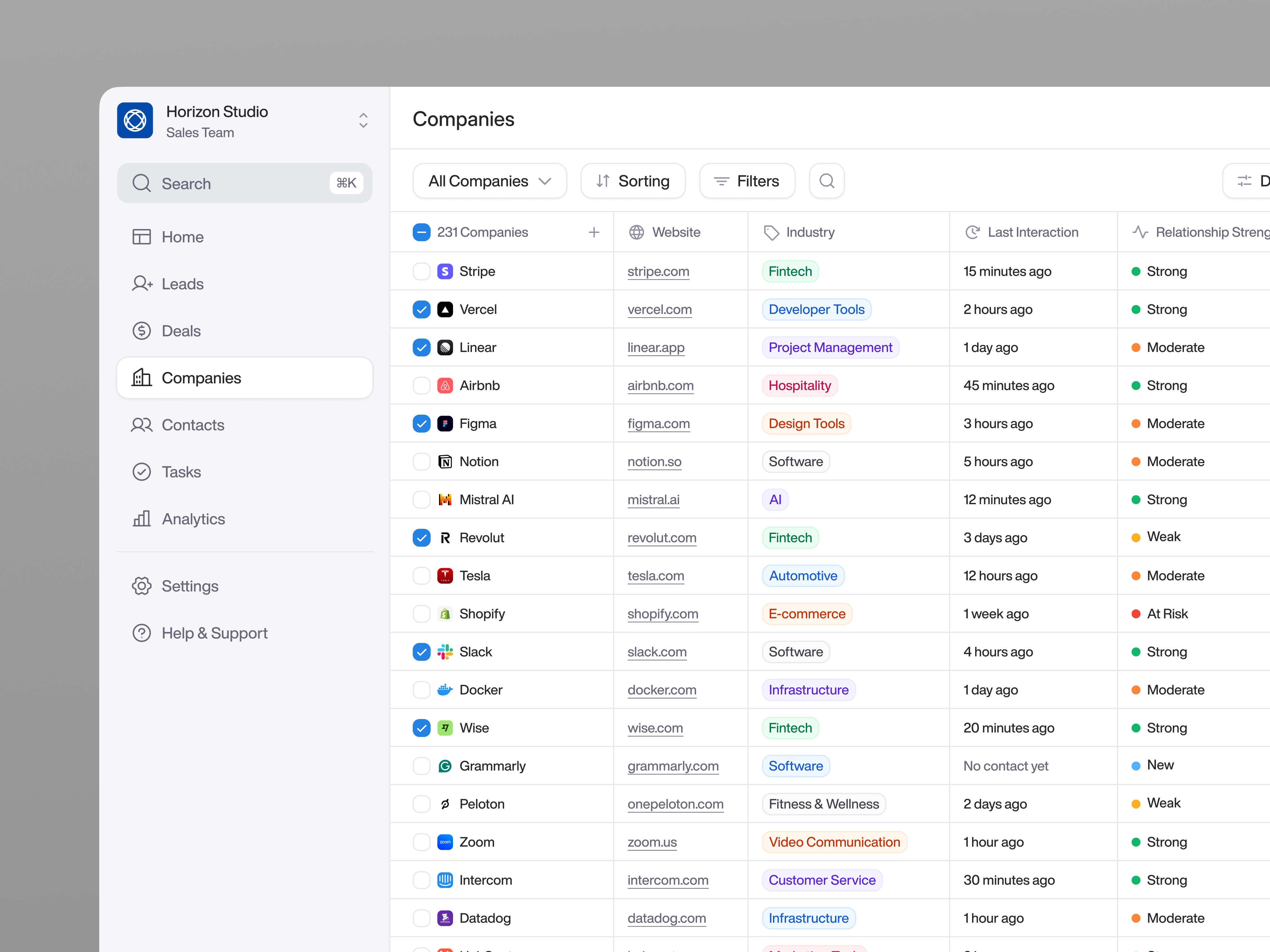Example of CRM Companies Table Interface