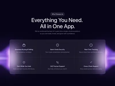 Features Section - Crypto Landing Page Website clean coin crypto dark defi digital exchange feature features section fintech glow gradient graphic design landing market token trading web web3 website