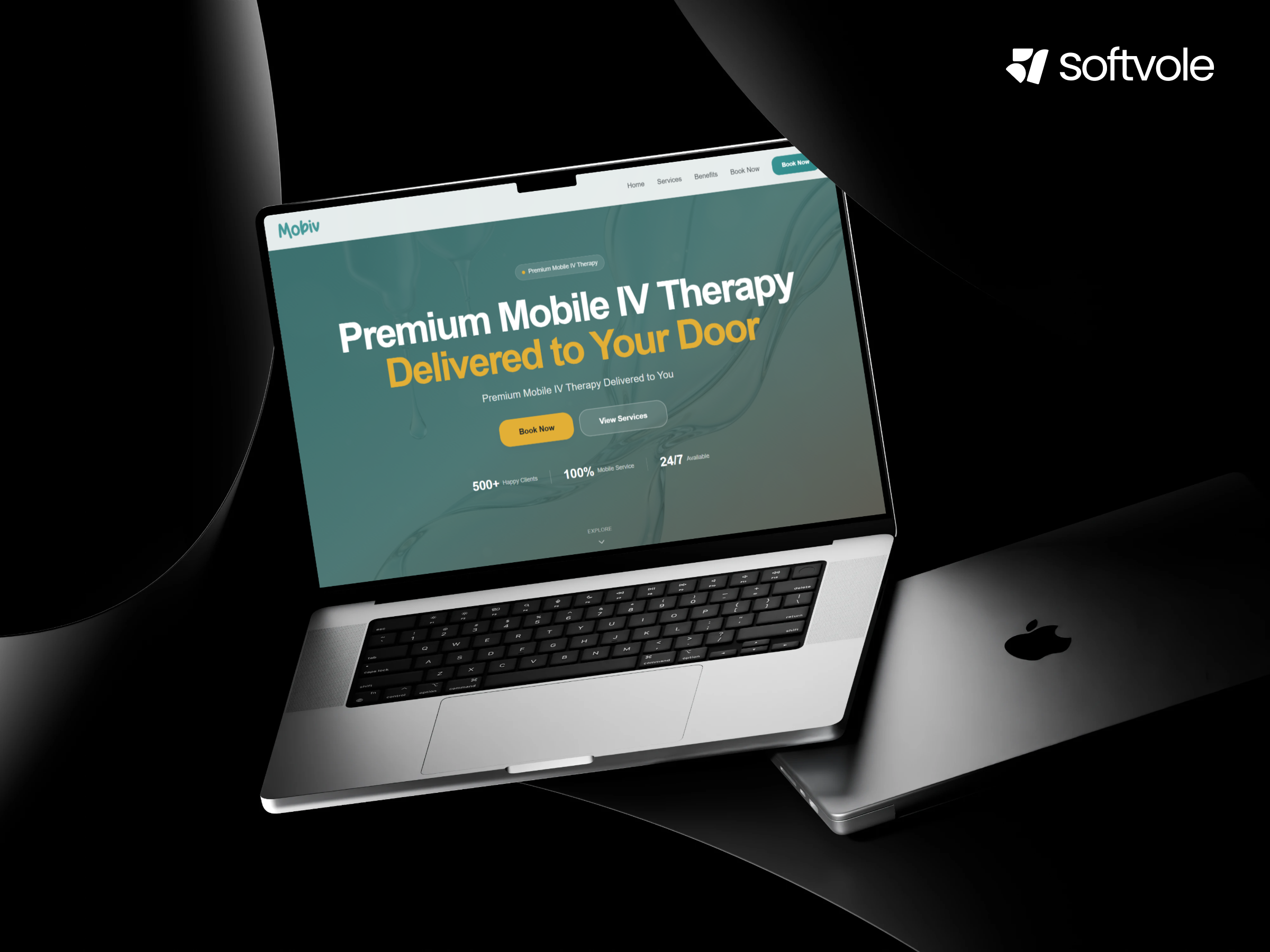 Mobiv – Premium Mobile IV Therapy Landing Page by Softvole aesthetic ui conversion optimization dribbble shots health ui healthcare design landing page design luxury ui manrope font minimalist ui mobile iv therapy mobiv online booking premium design premium landing page softvole uiux user experience web design wellness design