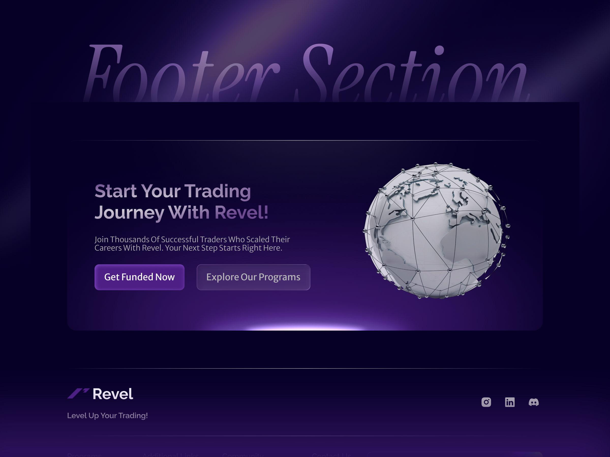 Revel - Footer Section Design branding figma figma footer design figma footer ui footer footer design footer design ideas footer ideas footer section footer section design footer section design ideas footer ui framer design framer developer framer footer prop firm prop firm footer trading ui website design