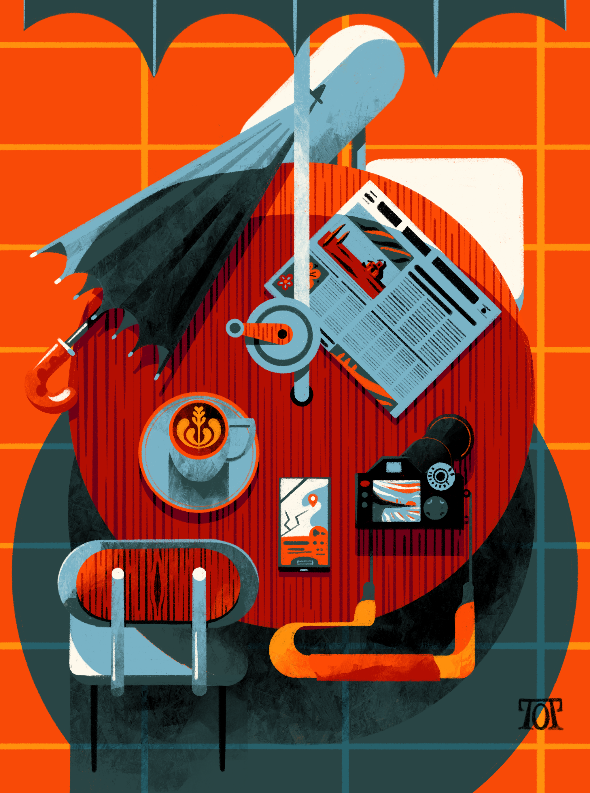 Rain Break cafe camera coffee gps illustration latte newspaper procreate table umbrella