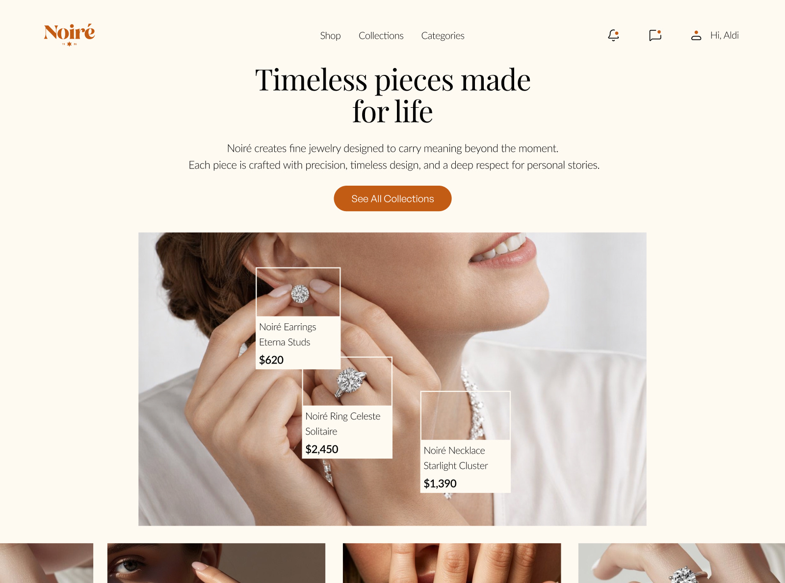 Noiré Jewelry Website — Luxury E-Commerce UI app ui bold ui clean ui ecommerce ui edgy ui fashion design fashion ui grid layout landing page layout design modern ui premium ui product showcase streetwear ui ui mobile ui website urban ui web design web ui youth ui
