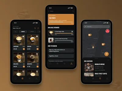 Coffee Shop Mobile App — Ordering & Loyalty Experience appdesign darkui design designinspiration figma iosapp mobile app startup ui uiux