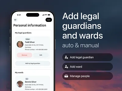 Add legal guardian and ward. Auto & manual cases legal guardian personal information product product design profie settings ui ux ward