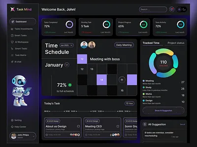 AI Smart Task Manager Dashboard UI Design ai dashboard ai productivity analytics dashboard dark mode ui data visualization enterprise dashboard modern dashboard productivity dashboard project management saas dashboard smart workspace task management task manager team collaboration time tracking ui design ux design web app design workflow management