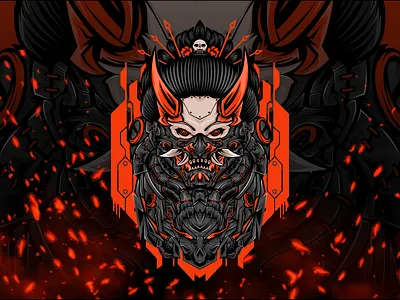 Demonic Oni Cyborg Mask Esports Mascot Logo with Red Cyber Armor aggressive mascot cyber demon illustration cyber oni cyberpunk demon cyborg mask dark fantasy logo demonic oni esports mascot logo esports team logo futuristic samurai futuristic warrior gamer branding gaming logo hardcore gaming logo mechanical mask oni cyberpunk oni mask red cyber armor sci fi mascot vector mascot logo