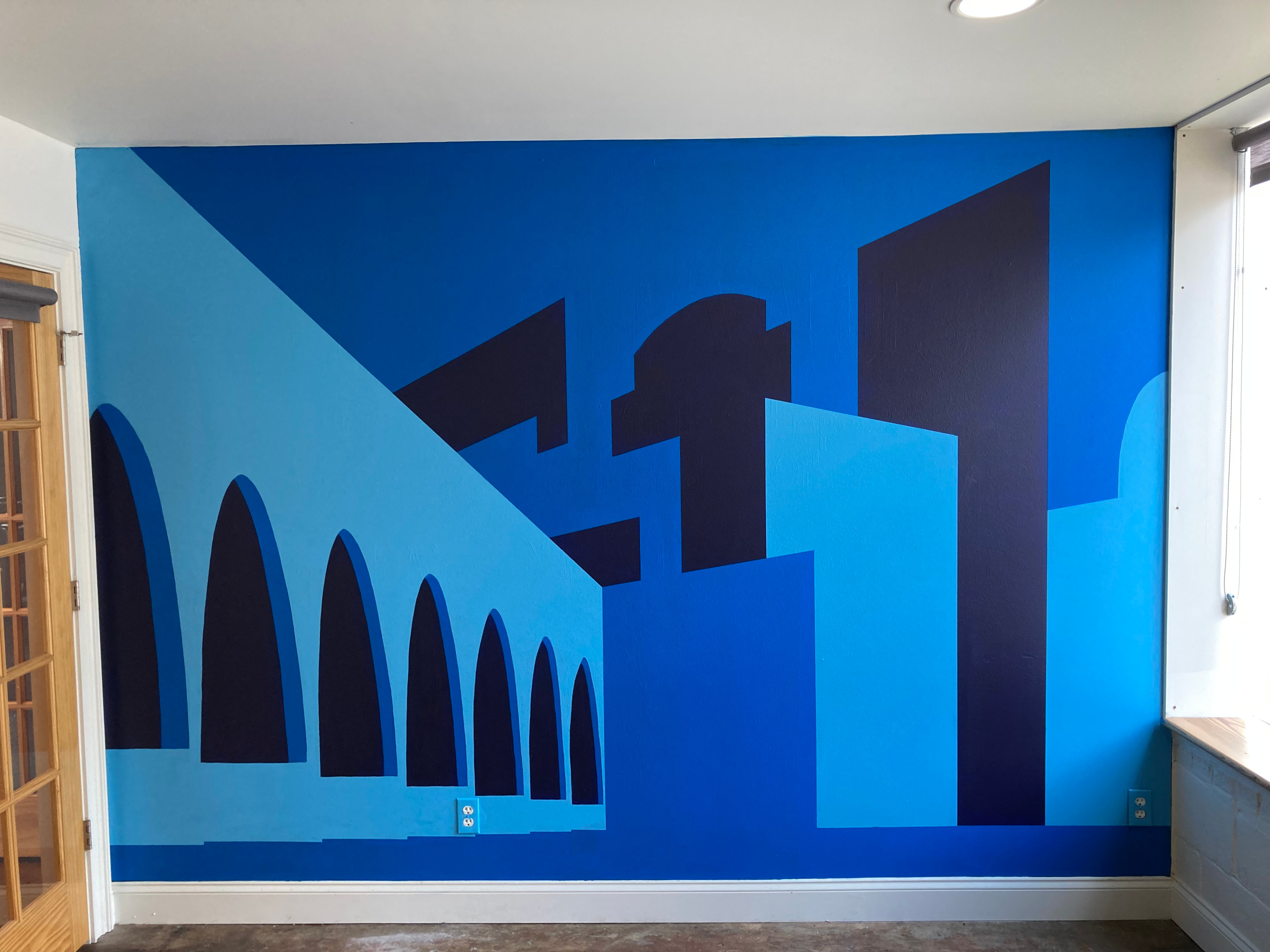 Office Mural - Columbia Skyline accent blue bridge buildings capital city cityscape columbia crisp geometric lines minimal mural paintbrush painting rivers skyline skyscraper wall