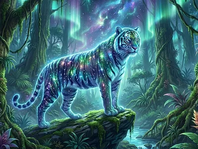 The Galaxy Tiger: Weekly Design Warm-up aiart alternateuniverse animal animation branding character design characterdesign cosmic digitalart dribbble warmup dribbblewarmup fantasy generativeart graphic design motion graphics motiondesign nebula surreal tiger weeks warm up