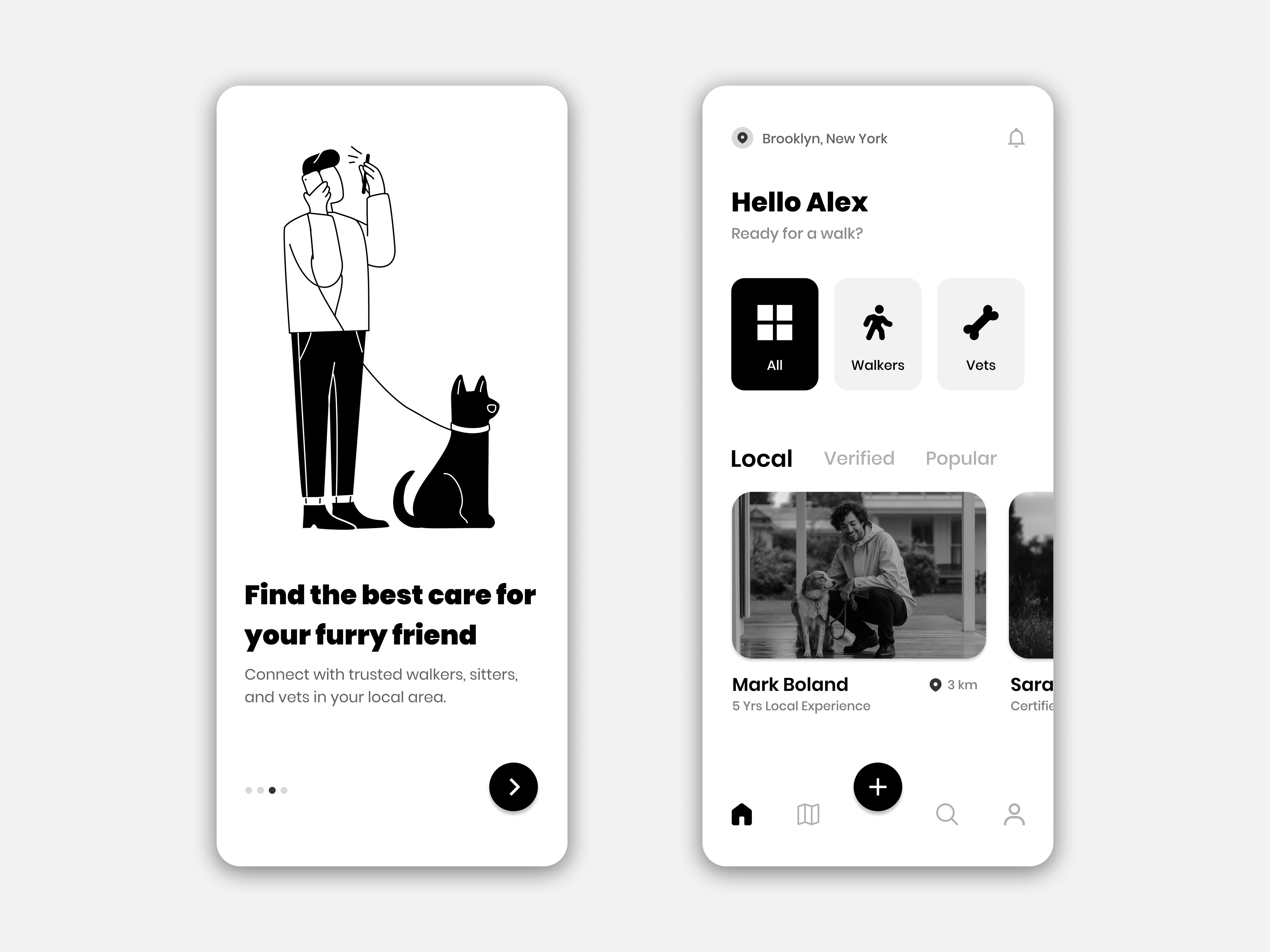 Monochrome UI | Pet Walker & Vet Discovery figma ios marketplace minimalist mobileapp monochrome petcare uidesign ux vet