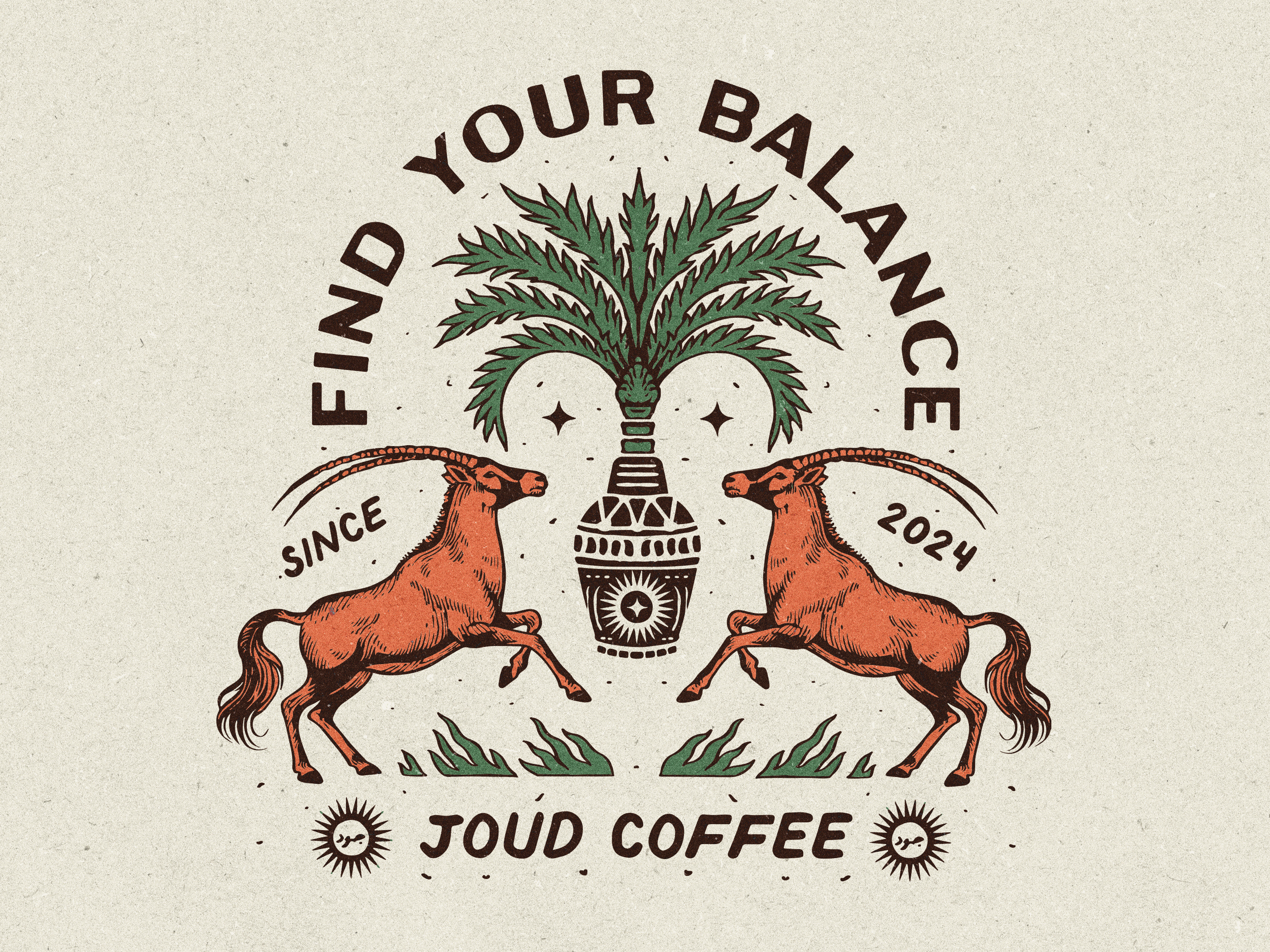 Joud Coffee : Vintage T-Shirt Illustration apparel arabian artwork branding coffee shop dessert goat hand drawn ibex illustration jar merch merchandise palm retro illustration t shirt tee uea