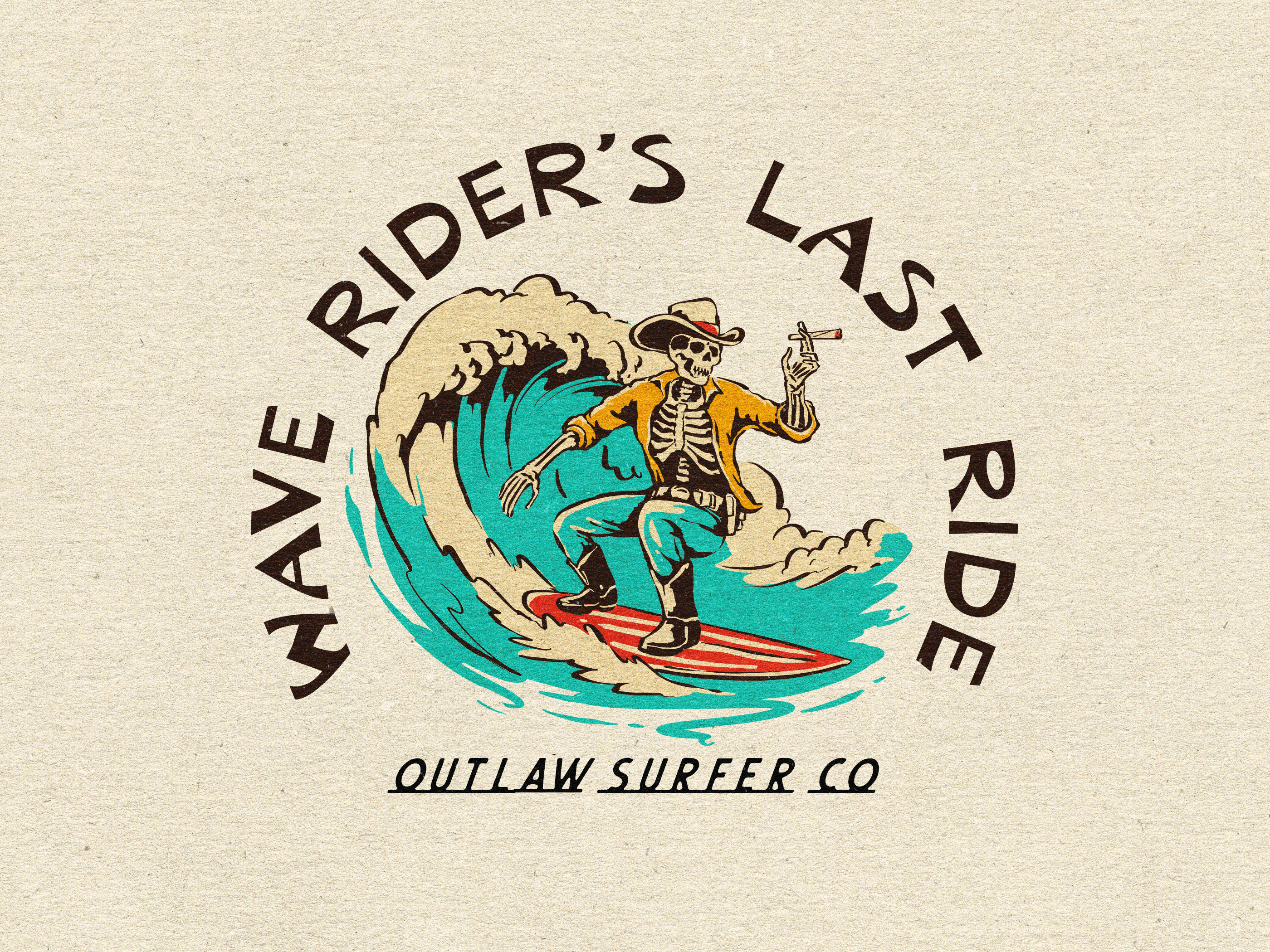 Wave Ride's Last Ride : Vintage Illustration apparel artwork branding characterillustration cowboyart handdrawn illustration merchandise merchillustration oldwest skeletonart skull skullillustration surfillustration surfvibes t shirt vintage vintageillustration wave westernvibes