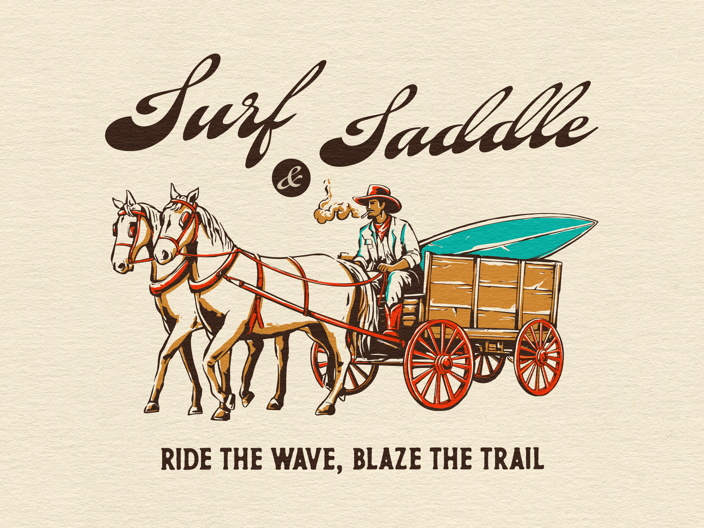 Surf & Saddle : Vintage Merch Illustration americana apparel artwork branding cowboyart cowboysurf hand drawn horse drawn carriage horse illustration illustration merchandise retrodesign surfillustration surfing board t shirt vintage vintage illustration western westernvibes