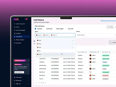 Call History page ai call grid history logs table voice voiceai