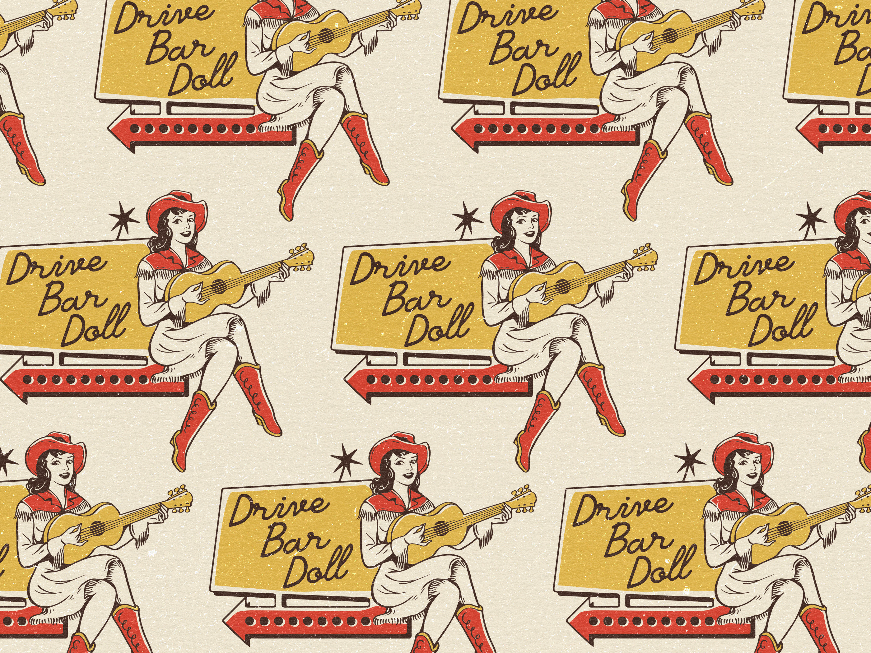 Drive Bar Doll : Vintage Illustration apparel artwork bar branding cowgirl cowgirl illustration cowgirl vintage guitar hand drawn illustration merchandise motel music pub t shirt tee design texas vintage vintage illustration western