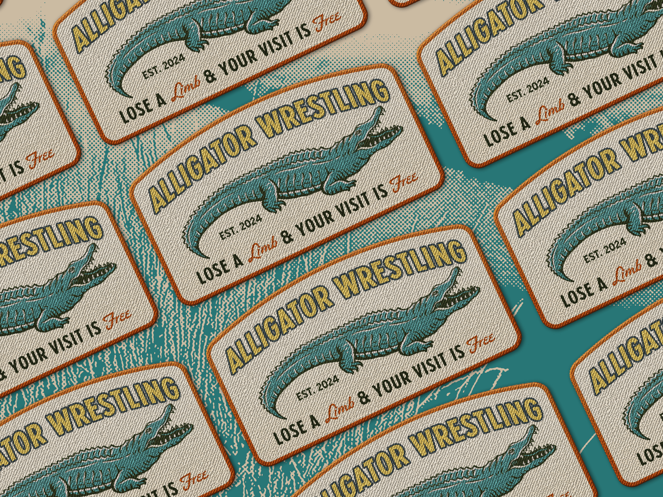 Alligator Wrestling - Vintage Design alligator illustration apparel artwork branding design hand drawn hat illustration logo merchandise outdoors brand patch design patch embroidery patch graphic sticker graphic t shirt trucker hat ui vintage badges vintage illustration