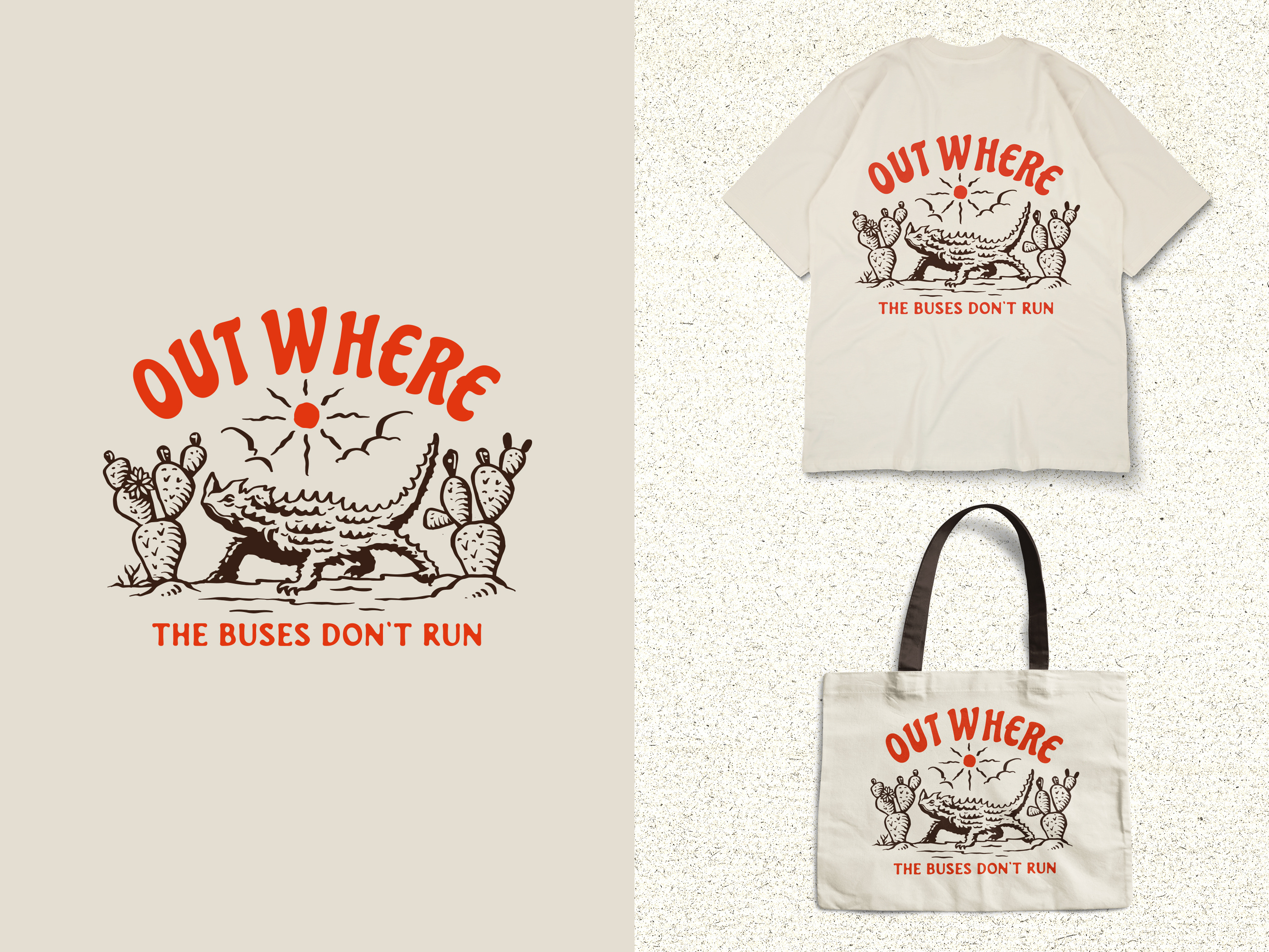 Out Where : Vintage Merch Illustration apparel artwork branding cactusart desert lizard desertillustration desertlife design graphic design hand drawn illustration logo merchandise reptileart t shirt tote bag ui vintage vintage illustration western
