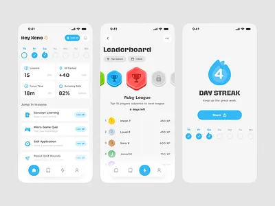Skill-Up Learning App app design blue design clean dashboard design duolingo leaderboard learning app minimal mobile app streak ui