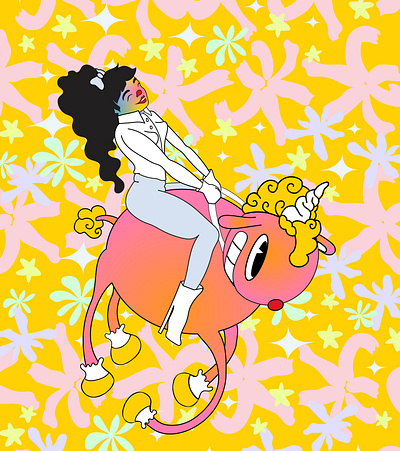 girl riding unicorn funky illustration pop unicorn vector