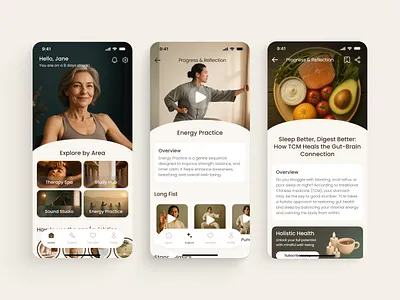 Holistic Wellness & Traditional Chinese Medicine (TCM) App UI earthy ui aesthetic energy practice app gut brain connection healthtech dashboard holistic health design mindful movement mindfulness platform nutrition wellness poppins typography tai chi ui tcm app ui traditional chinese medicine wellness app ux