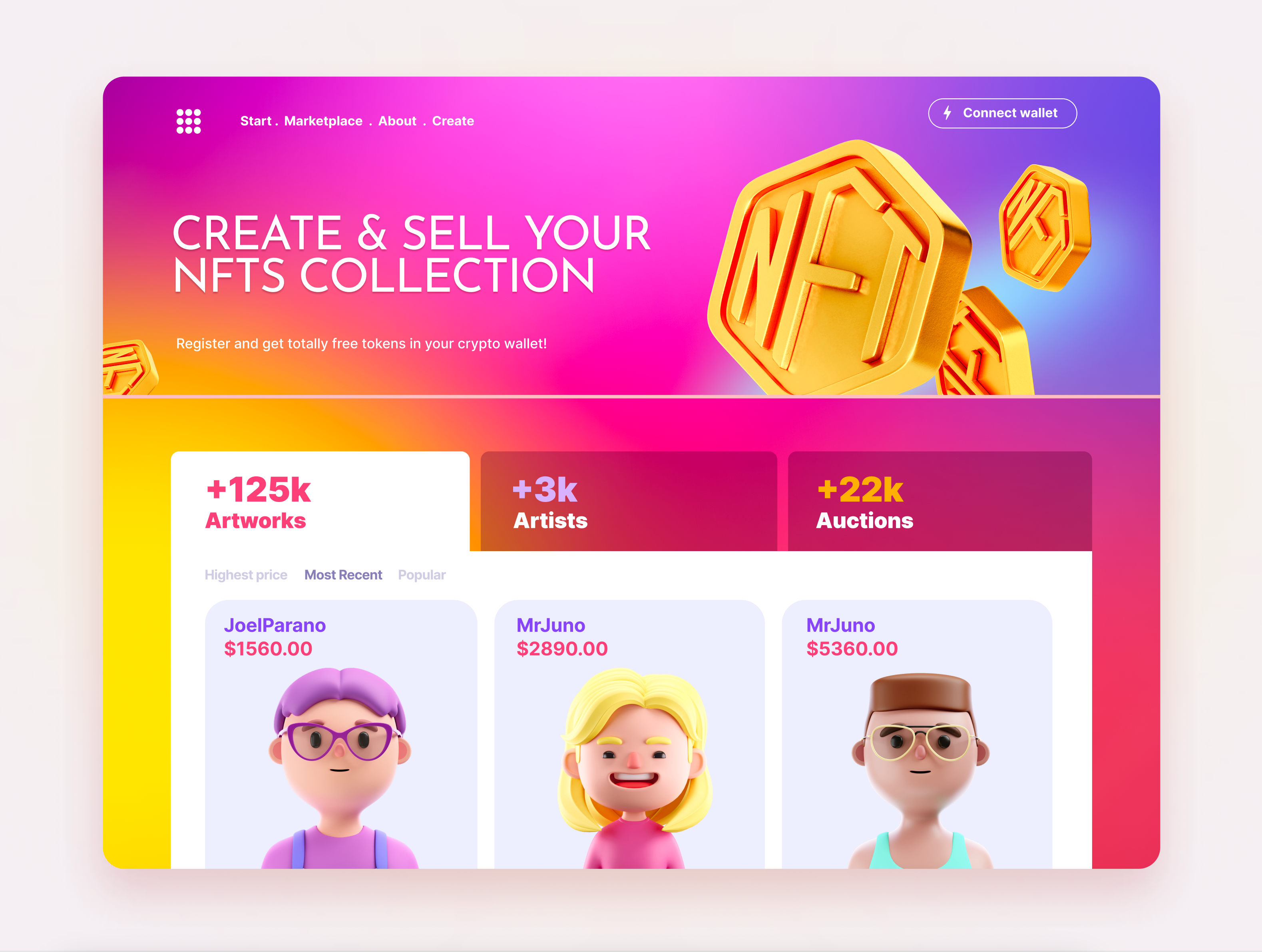 NFT Marketplace platform, UI Design crypto design flat nft ui ux