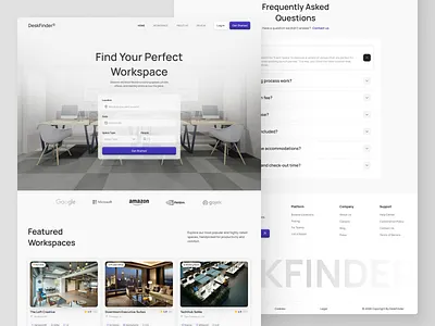 DeskFinder - Coworking Space Marketplace booking clean corporate coworking coworking space design figma freelancer landing page marketplace meeting minimalist office product design rent room services space ui web design