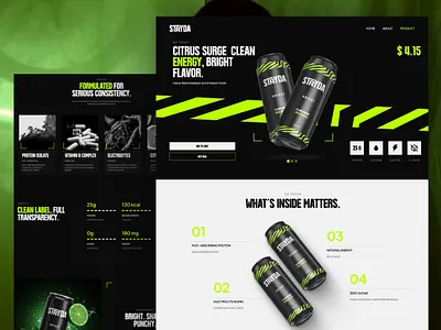 Stryda - Bold Energy Drink Ecommerce Website Product Page Design bold branding company profile ecommerce energy drink landing page luxury minimalist modern product design product page product showcase product website shopify shopify website ui ui design web design website website designer