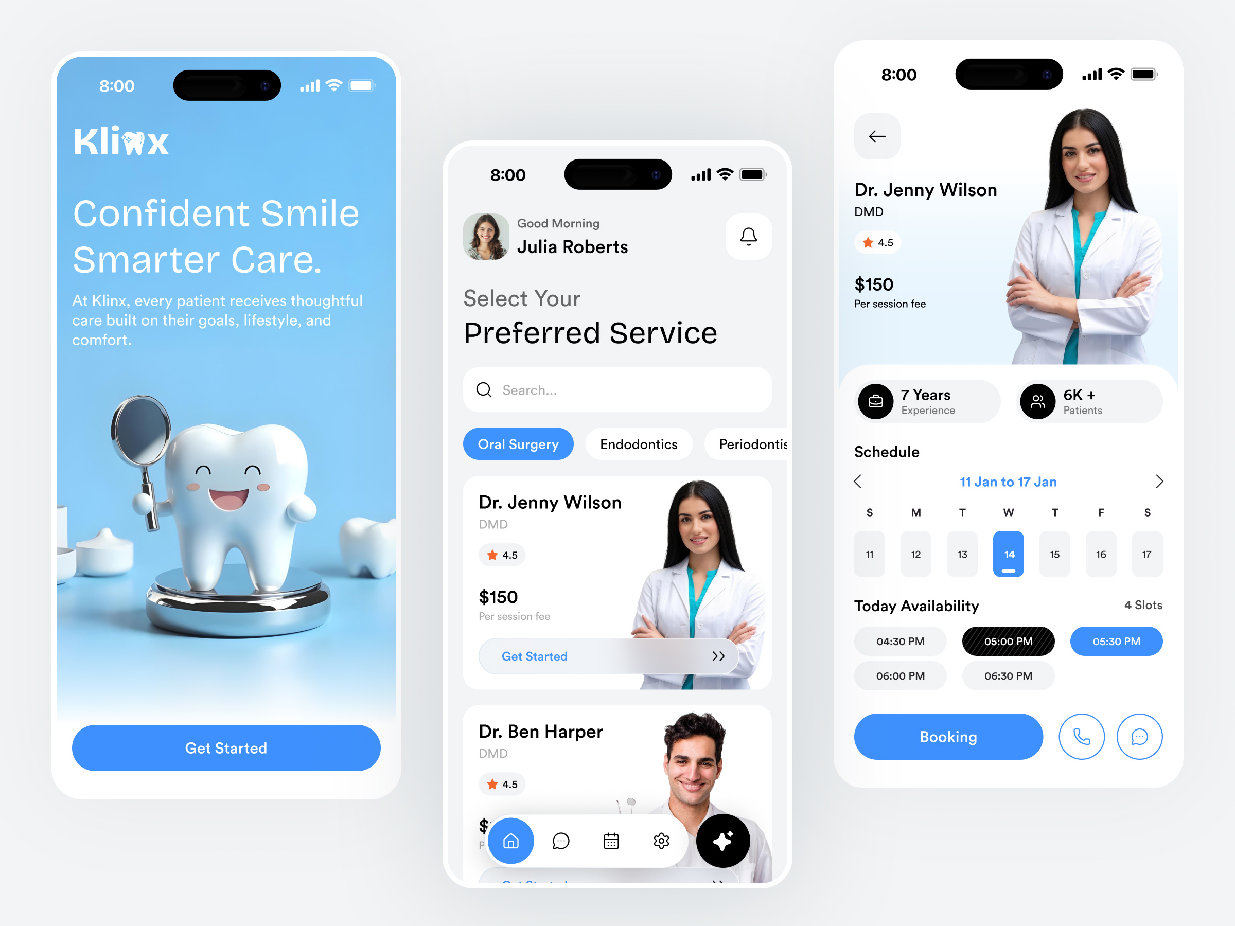Klinx - Dental Care App Design appointment clinic dental dental care dental checkups dental clinic dental logo dentist dentistry doctor healthcare mobile app oral health patient smile telemedicine tooth treatment ui design wellness