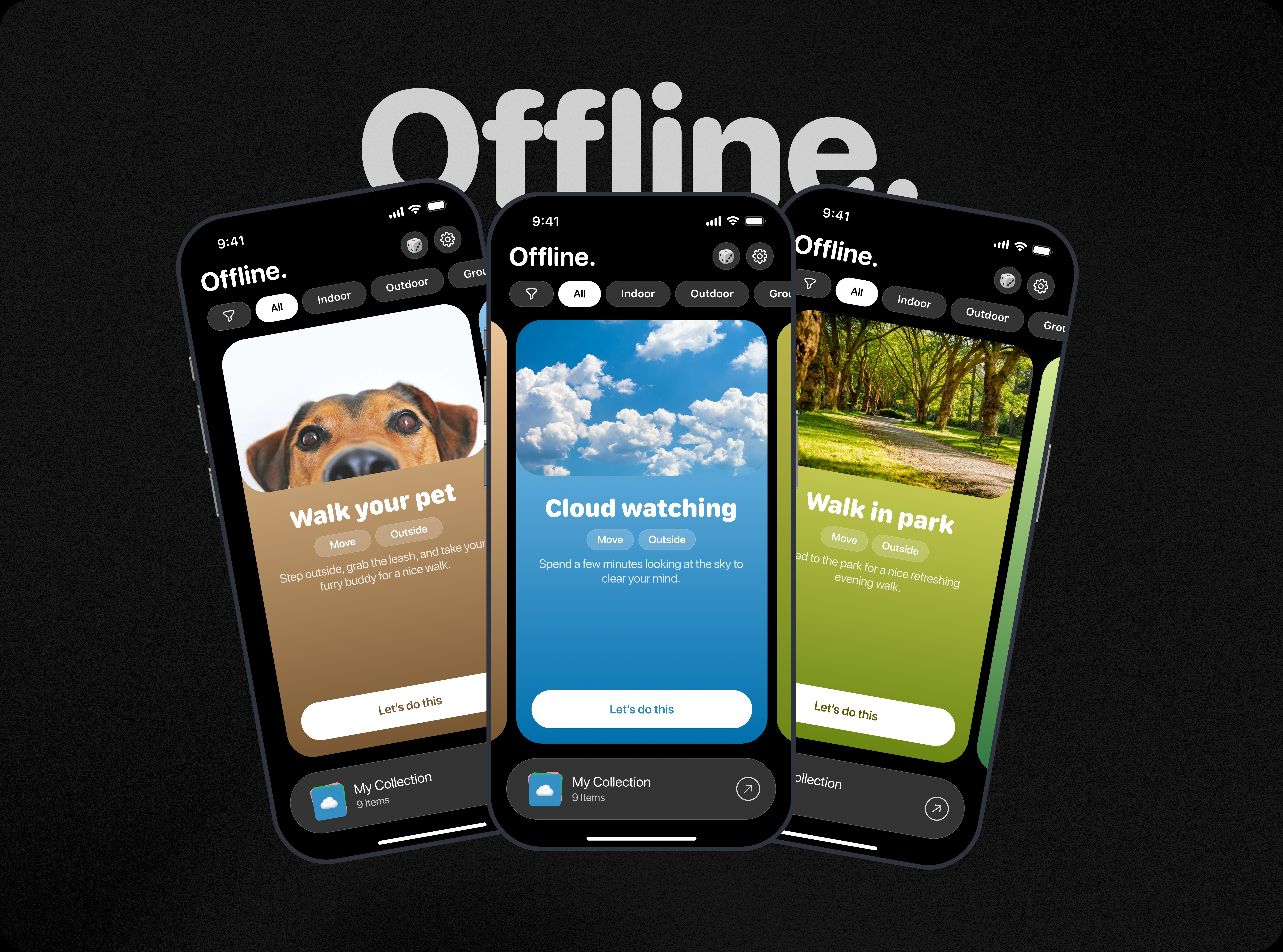 Offline Activities dark mode mobile design offline ui
