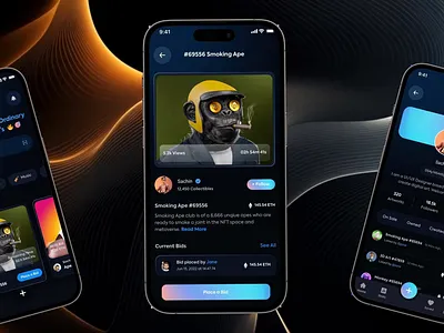 NFT Marketplace Mobile App UI Animation | Web3 Collectibles blockchain design crypto ui dark ui digital collectibles fintech ui mobile app design motion ui nft nft design nft marketplace product design swan design agency ui ui animation ui design uiux ux design web3 web3 design sysytem web3ui