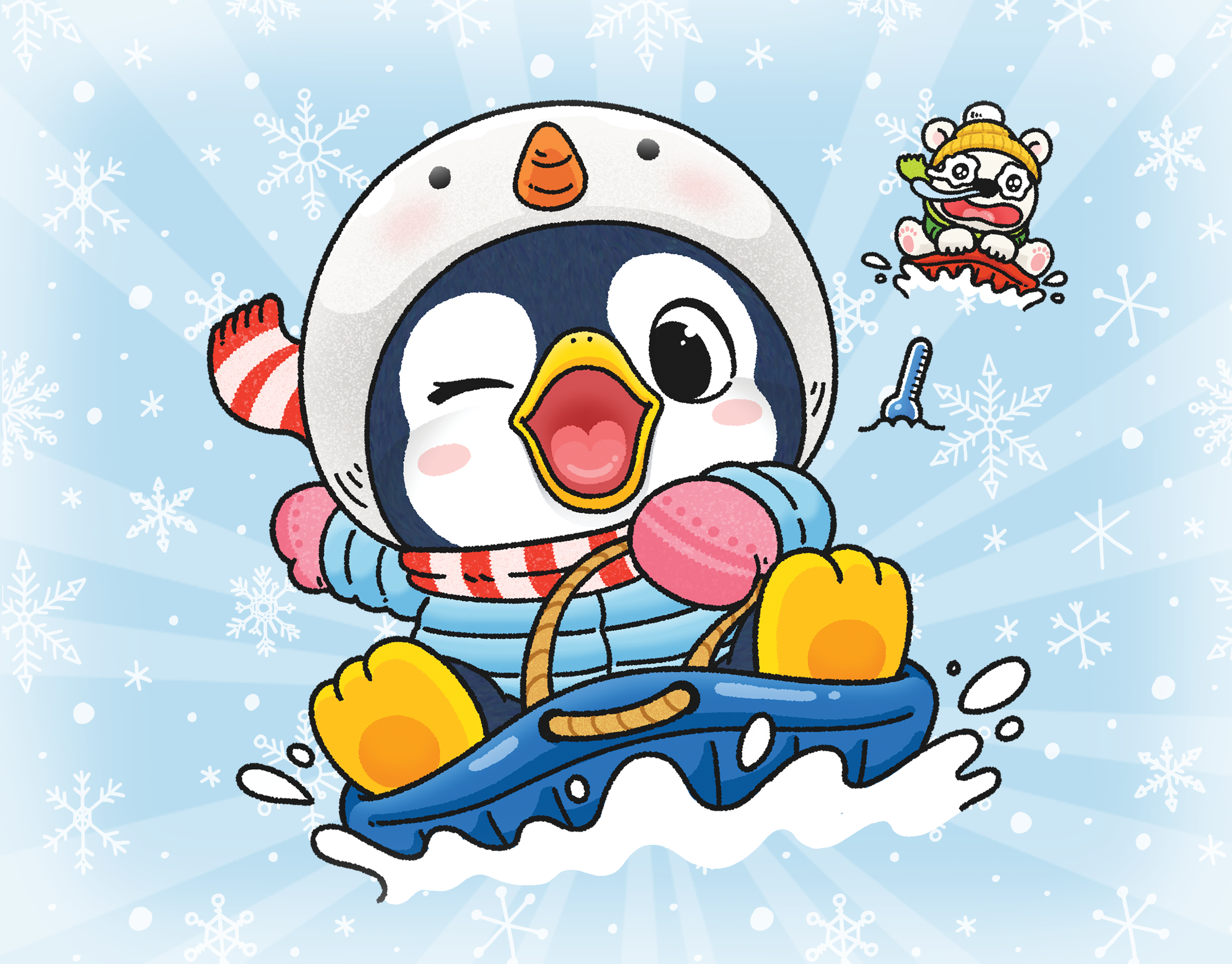 Winter Sledding Penguins and Polar Bear – Cover Illustration character illustration children illustration cover illustration illust illustration magazine illustration playful winter illustration