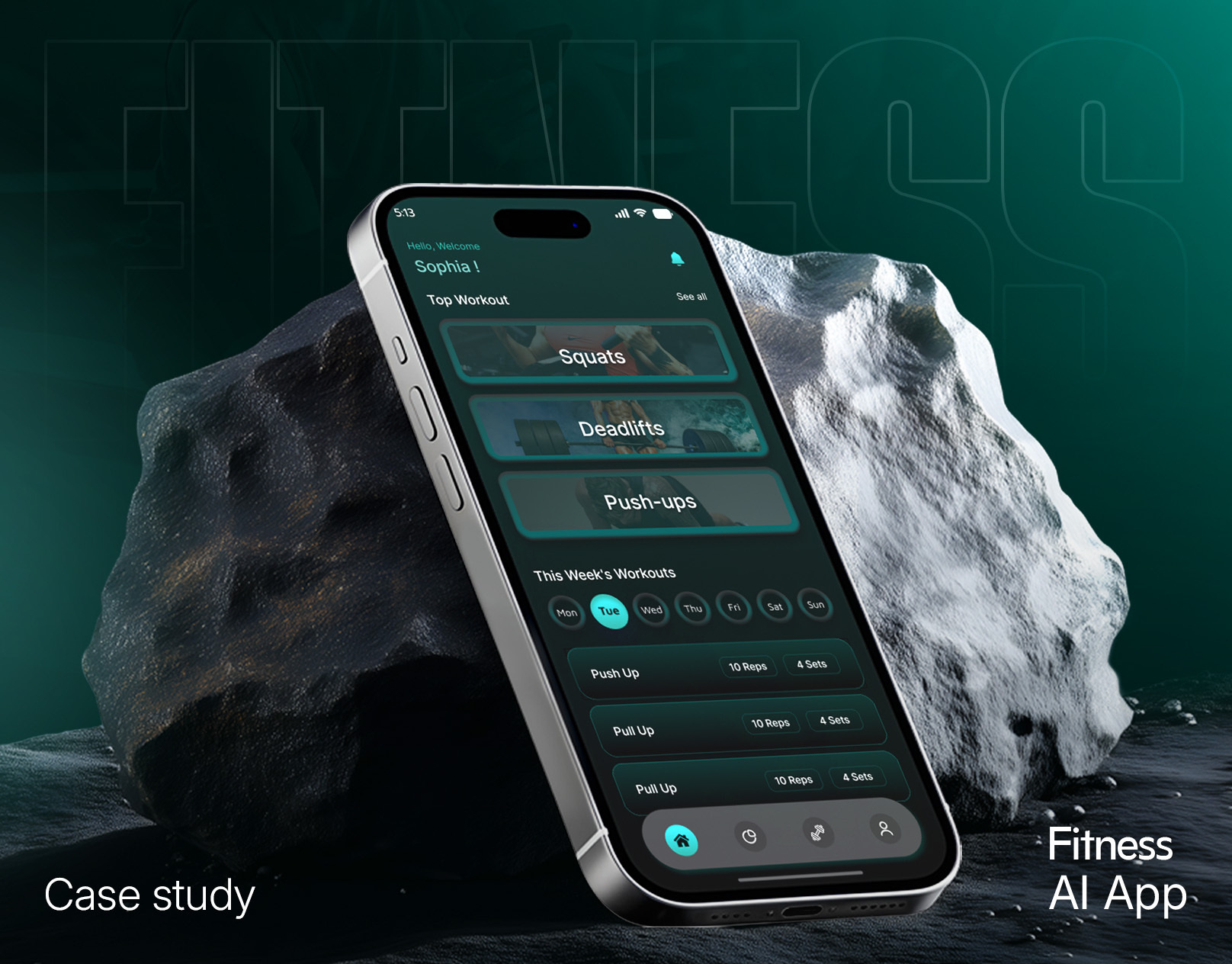 Nex Fitness AI App – Smart Workout Assistant | Mobile App UIsdfs ai app case study dark ui dribbble shot fitness app health app ios app mobile app ui teal ui ui ux design workout app