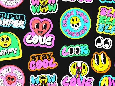 Cool Cartoon Groovy Stickers. Pop Art Funky Funny Patches Y2k 90s abstract art bubble cartoon child cool cute design fun graffiti groovy illustration kid patch plaayful playful retro smile y2k