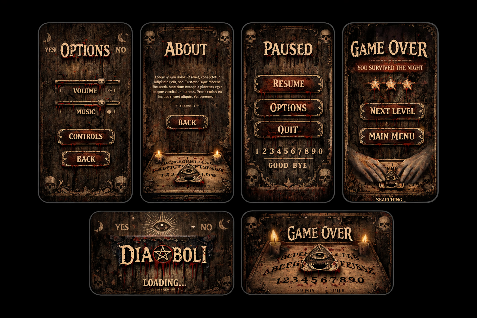 Diaboli, Horror Game Mobile App UI branding dark ui dribbble figma game design horror game horror gothic mobile app mobile app design mobile game mobile ui ui ui ux design ux ux ui