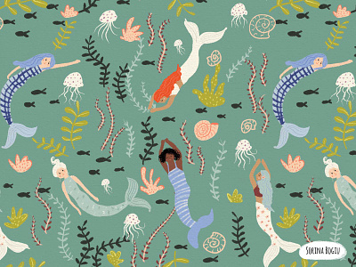 Mermaids Pattern Design cute design fabric design fish fun illustration illustrator kids illustration mermaids nautilus ocean pattern pattern designer photoshop sea
