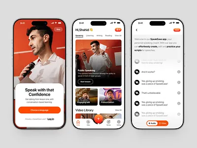 SpeakEase — Speaking Coach Mobile App app design app designer cards dailyui graphic design ios mobile mobile app mobile screen mobile ui onboarding screen product design progress tracking saas ui design user experience user interface ux design wavespace web app