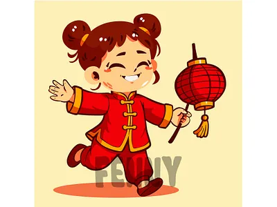 Cartoon of a Girl Running While Carrying a Lantern 2026 asian background celebration china chinese cny event festival festive holiday horse lantern lunar moon new spring symbol traditional year