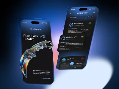 Devil Queue — Hire Players App UI Concept 3d app design card ui concept dark ui esports gaming gradient interface ios marketplace mobile app mobile ui mockup navigation onboarding product design typography ui ux