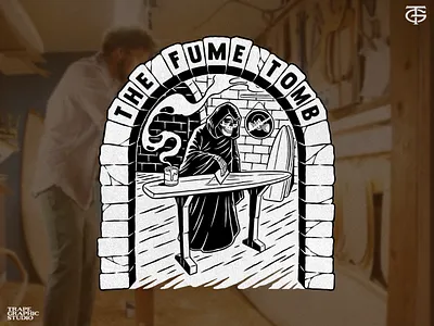 THE FUME TOMB apparel clothing design drawing graphic design illustration reaper skull streetwear surfboard surfing tshirt design vector